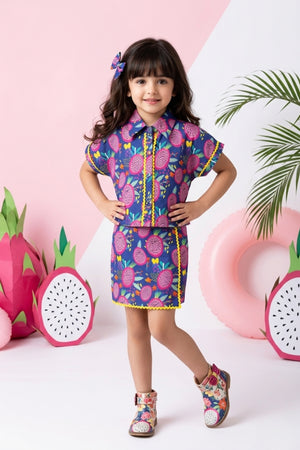 Girls Navy Blue Printed Co-ord Set 3248