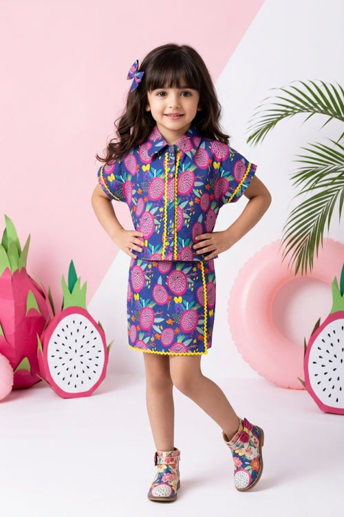 Girls Navy Blue Printed Co-ord Set 3248