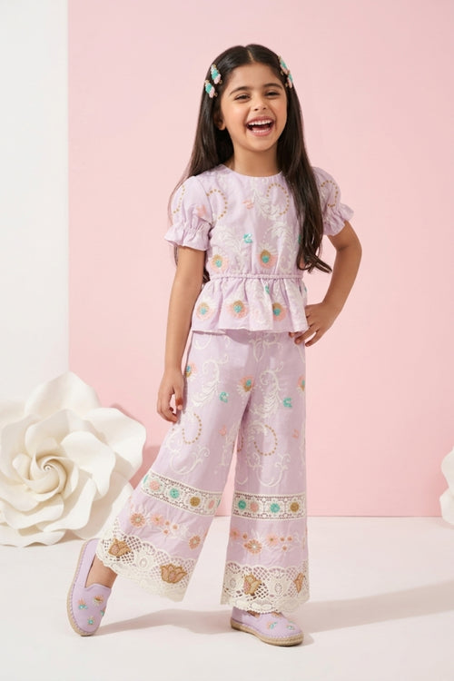 Girls Pink Embroidered Peplum Co-ord Set 3250