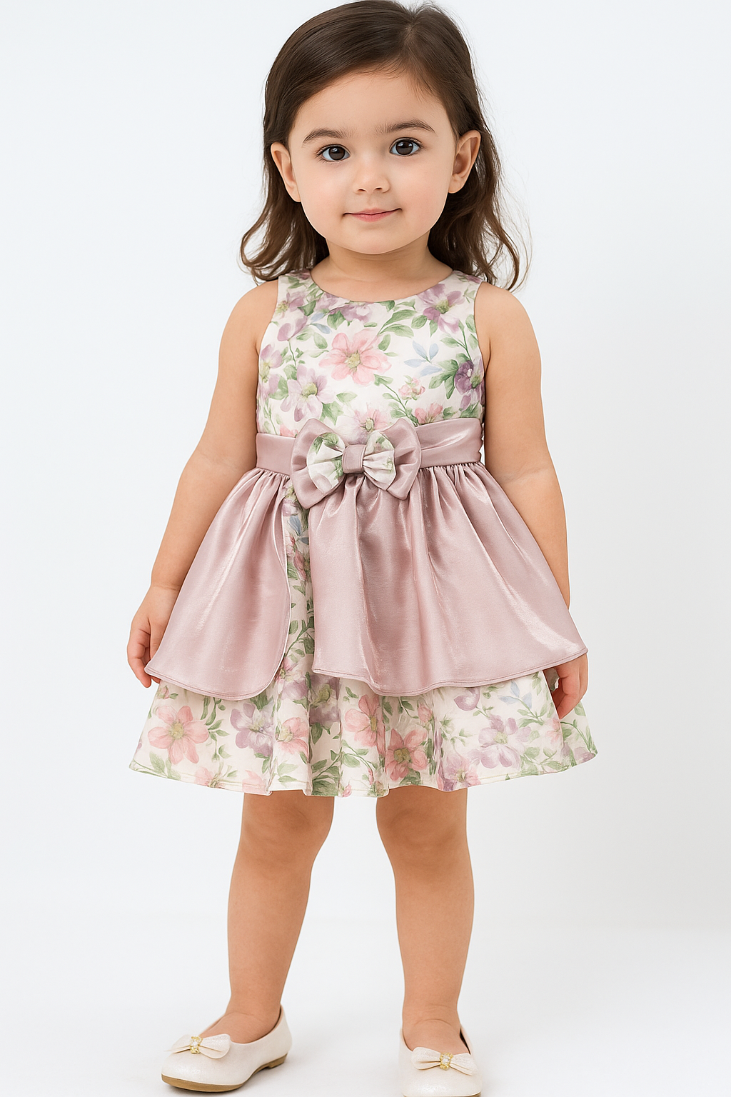 Girls Onion Pink Floral Satin Bow Party Frock TSF10055
