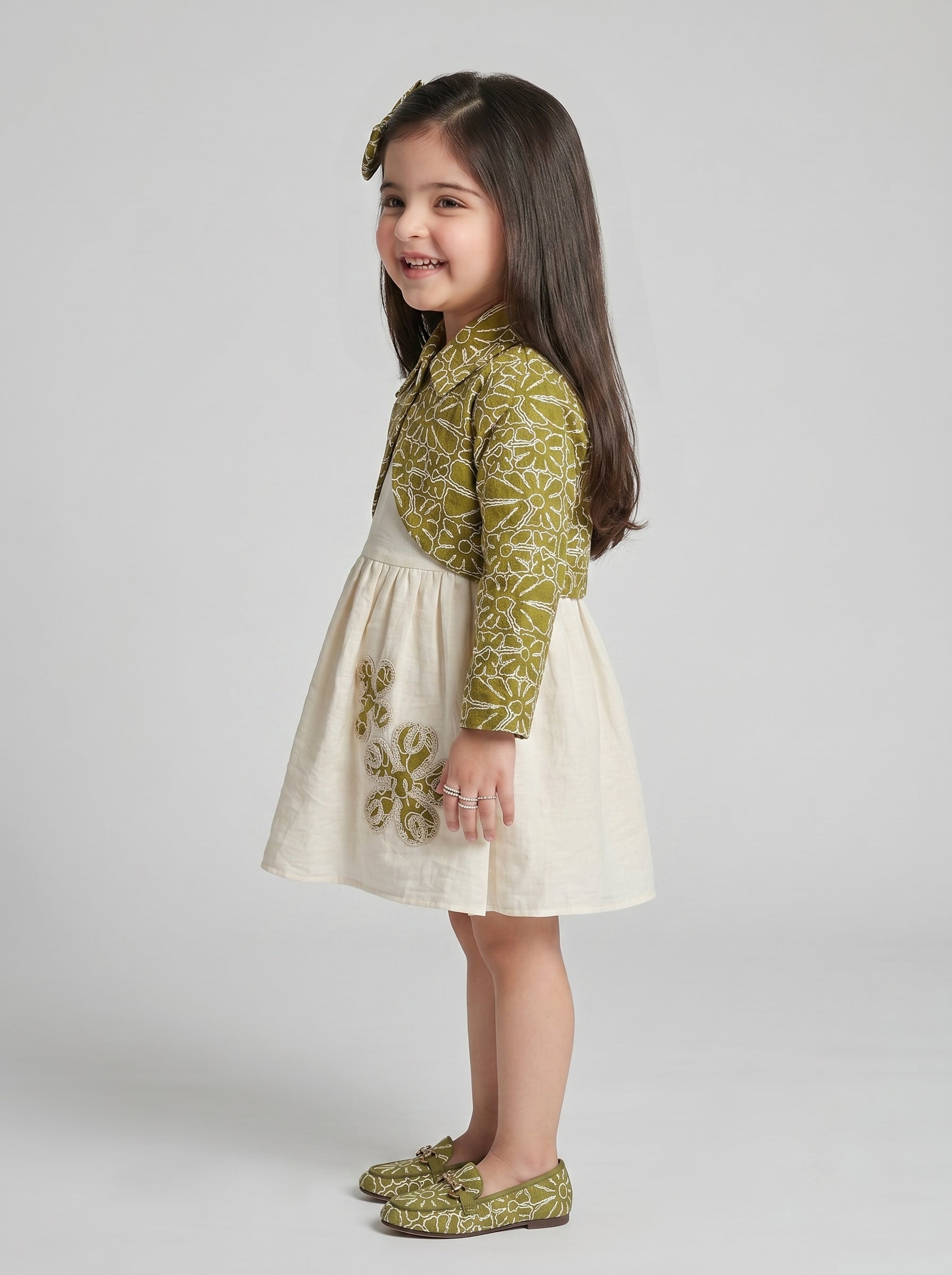 Green Embroidered Jacket Dress Set TSM30787
