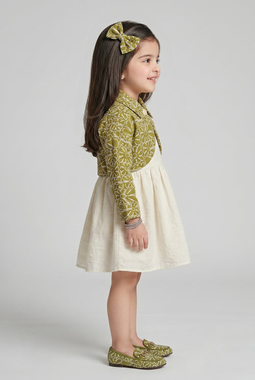 Green Embroidered Jacket Dress Set TSM30787