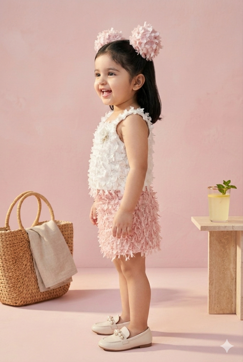 White & Pink Textured Top & Skirt Set TSSET40500