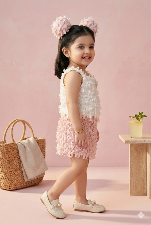 White & Pink Textured Top & Skirt Set TSSET40500