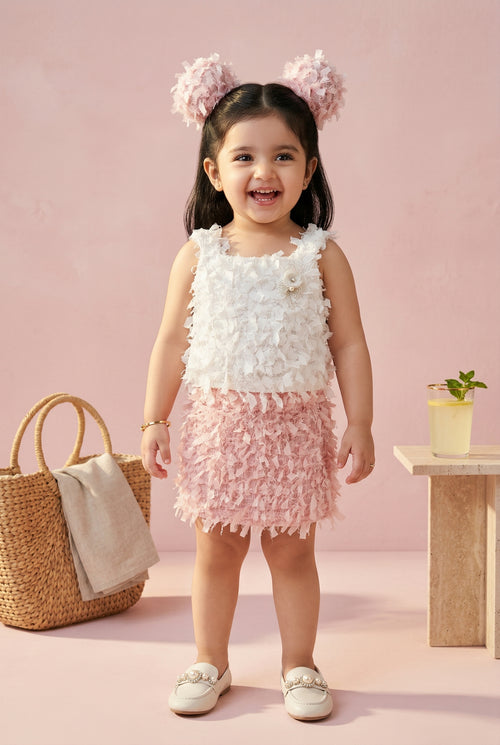 White & Pink Textured Top & Skirt Set TSSET40500