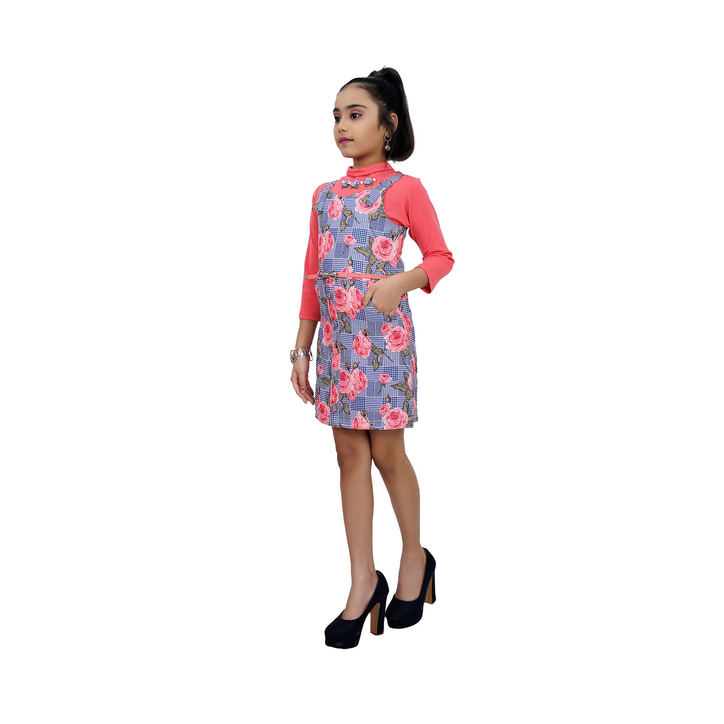 Tomato Red Rose Checks Pinafore With Long Sleeve And Detailed Neckline