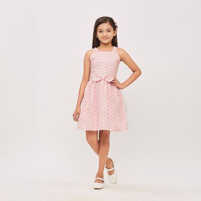 Peach Cotton Sleeveless Stripe Frock With Attachable Boe On Belt