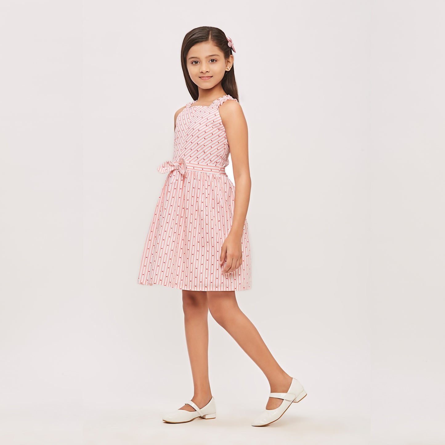 Peach Cotton Sleeveless Stripe Frock With Attachable Boe On Belt