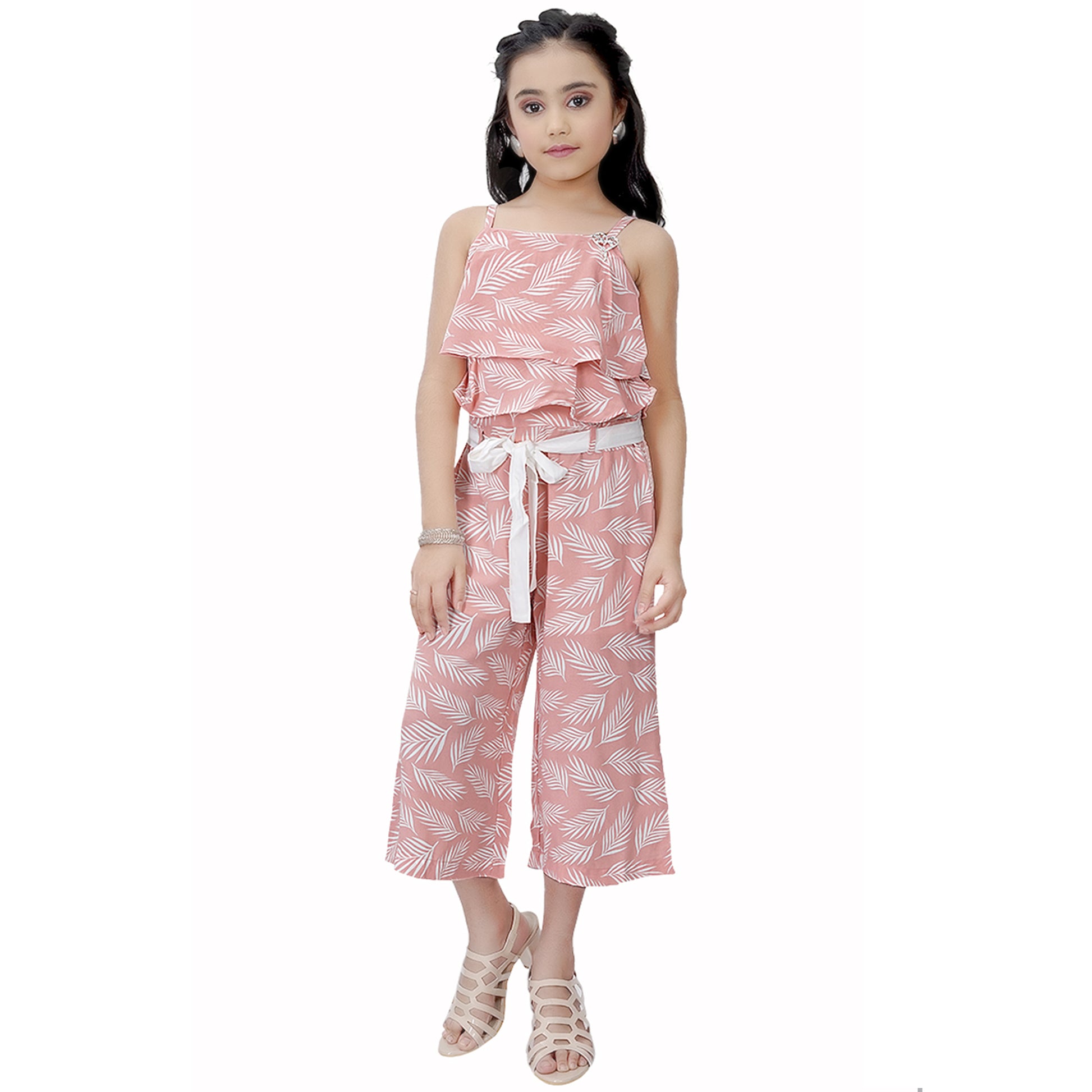 Sleevless Leaf Printed Onion Pink Jumpsuit With Ruffle Top And Belt