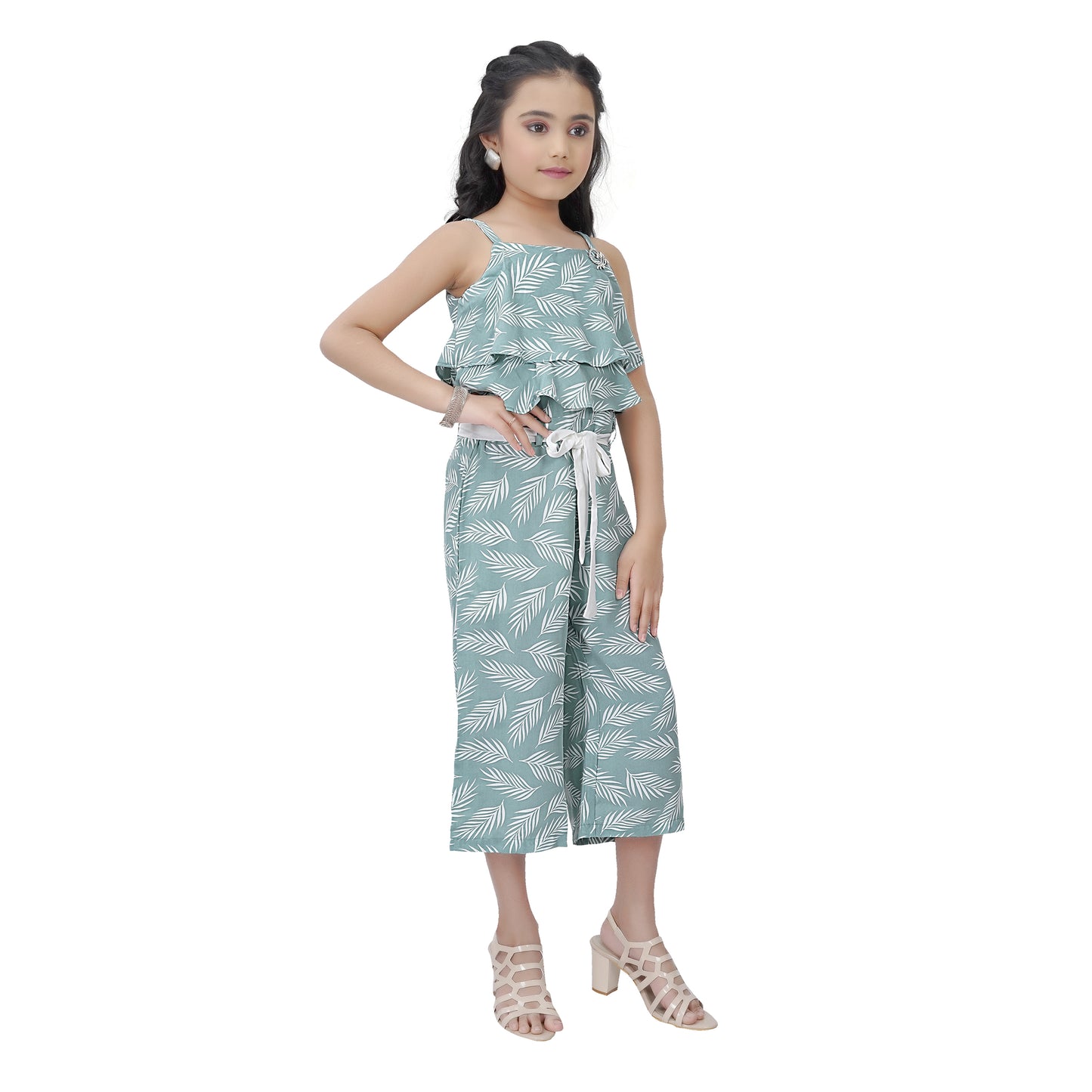 Sleevless Leaf Printed Green Jumpsuit With Ruffle Top And Belt
