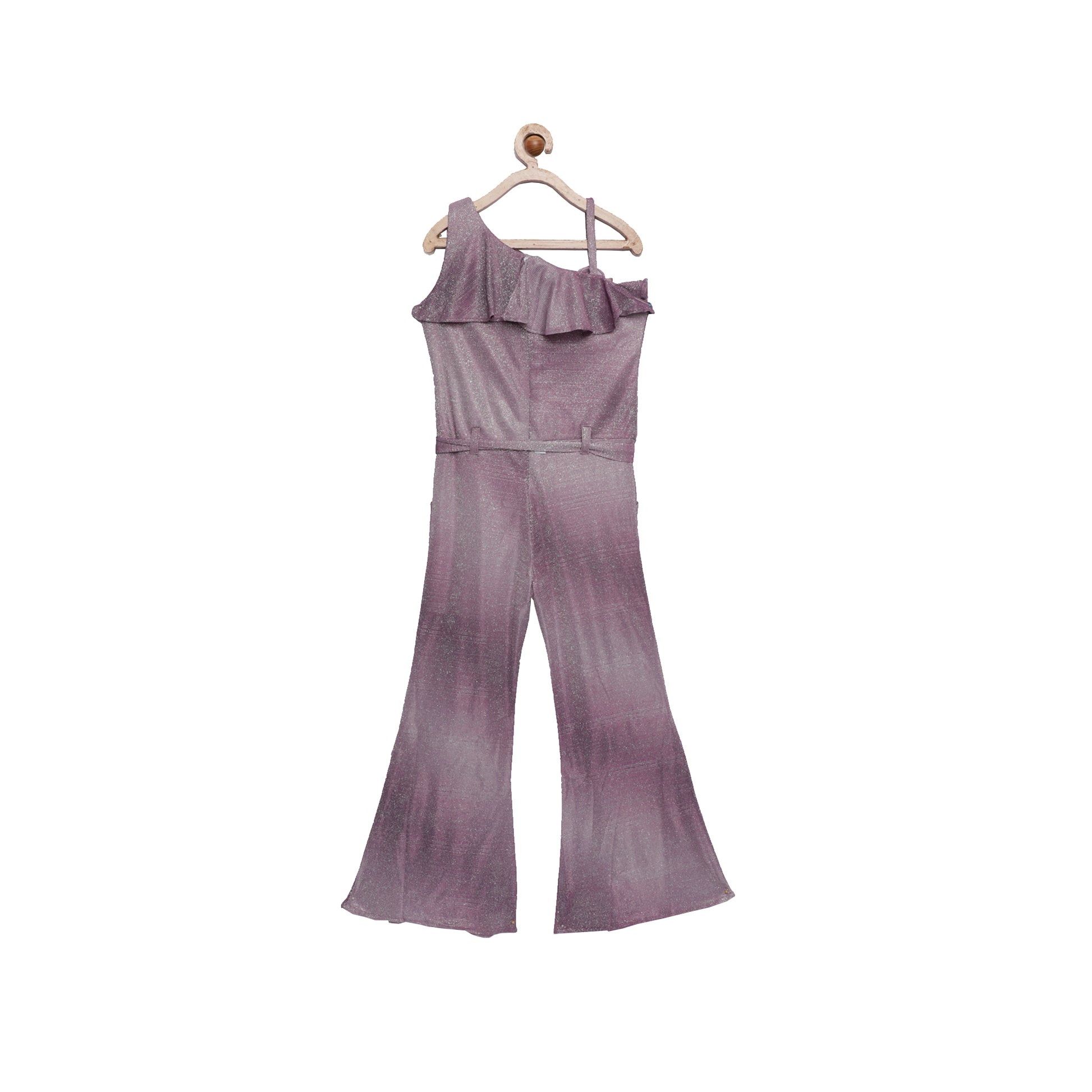Asymmetric Flared Shimmer Jumpsuit In Purple