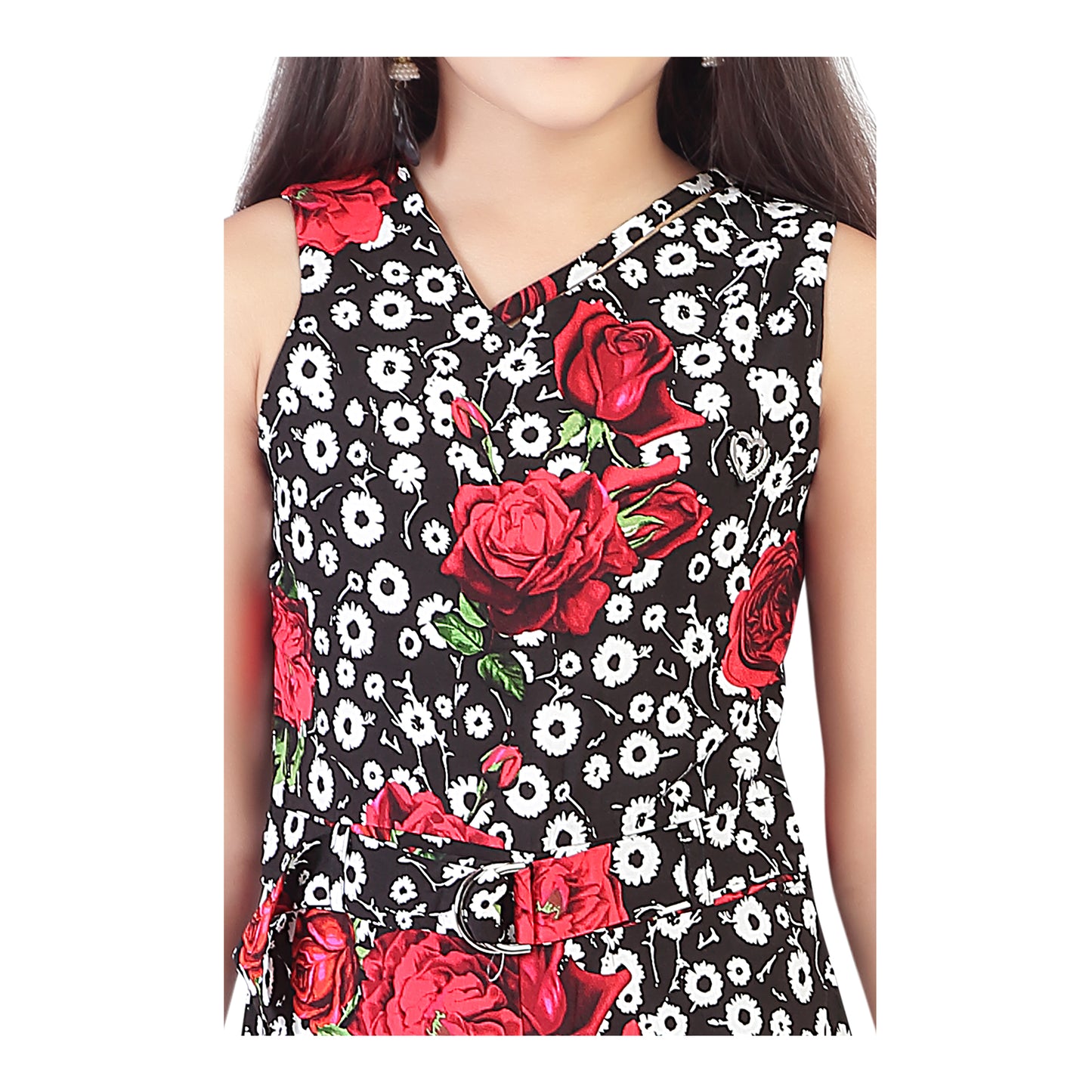 Sleeveless Black Floral Short Dungaree With Belt