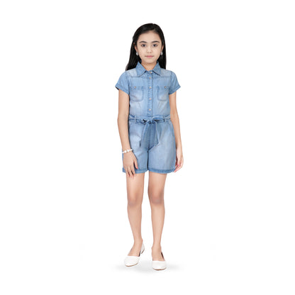 Denim Comfort Fit Dungaree With Knot Belt And Cap Sleeve