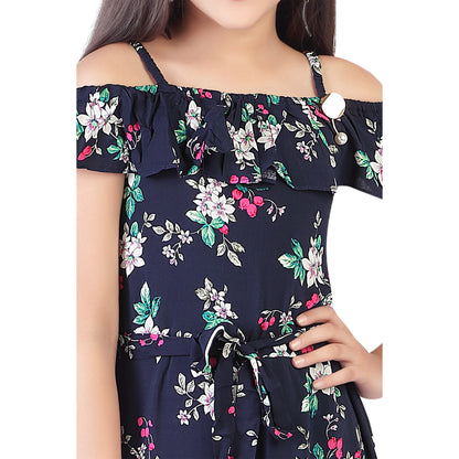 Floral Print 3/4Th Jumpsuit With Cold Shoulders And Tie-Up Belt
