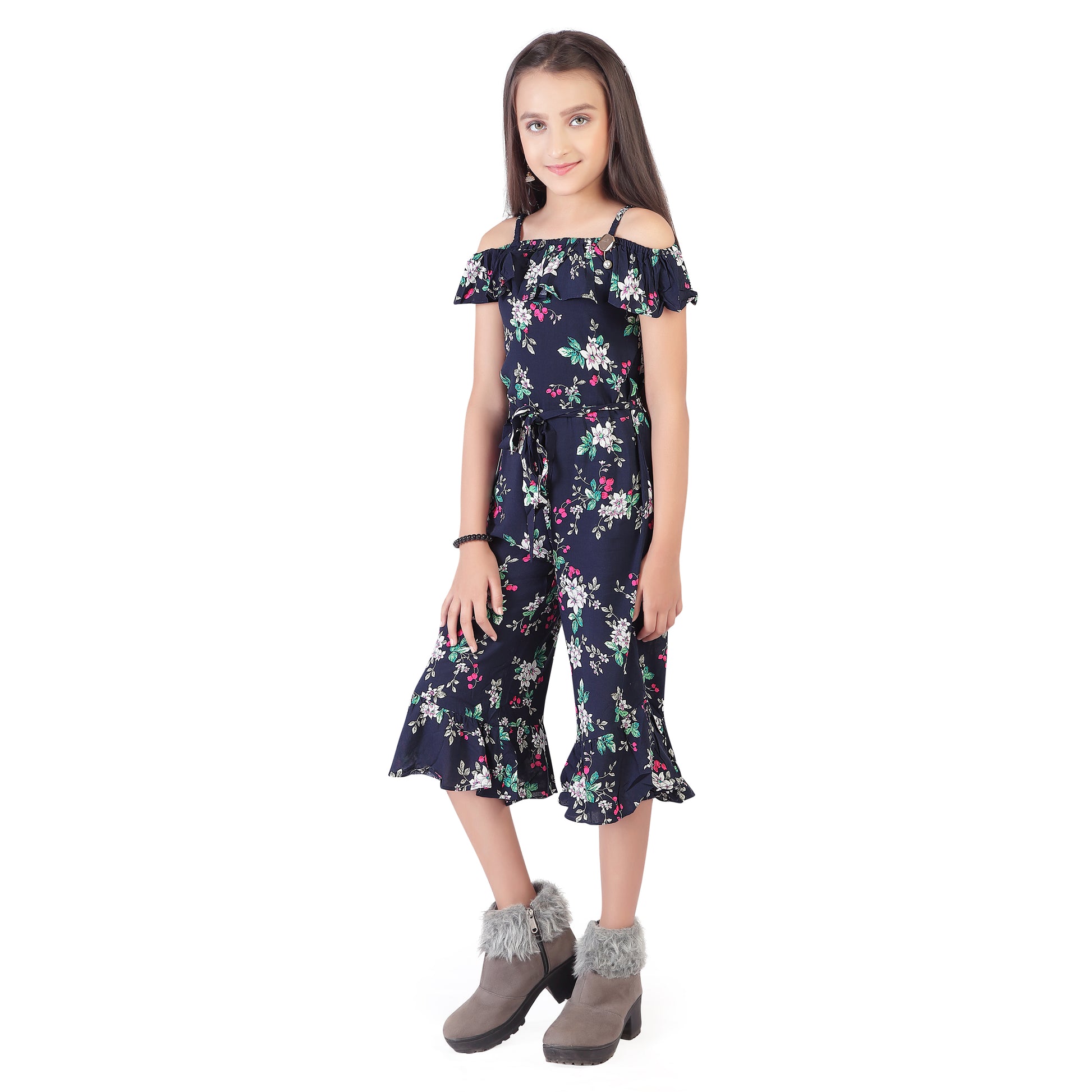 Floral Print 3/4Th Jumpsuit With Cold Shoulders And Tie-Up Belt