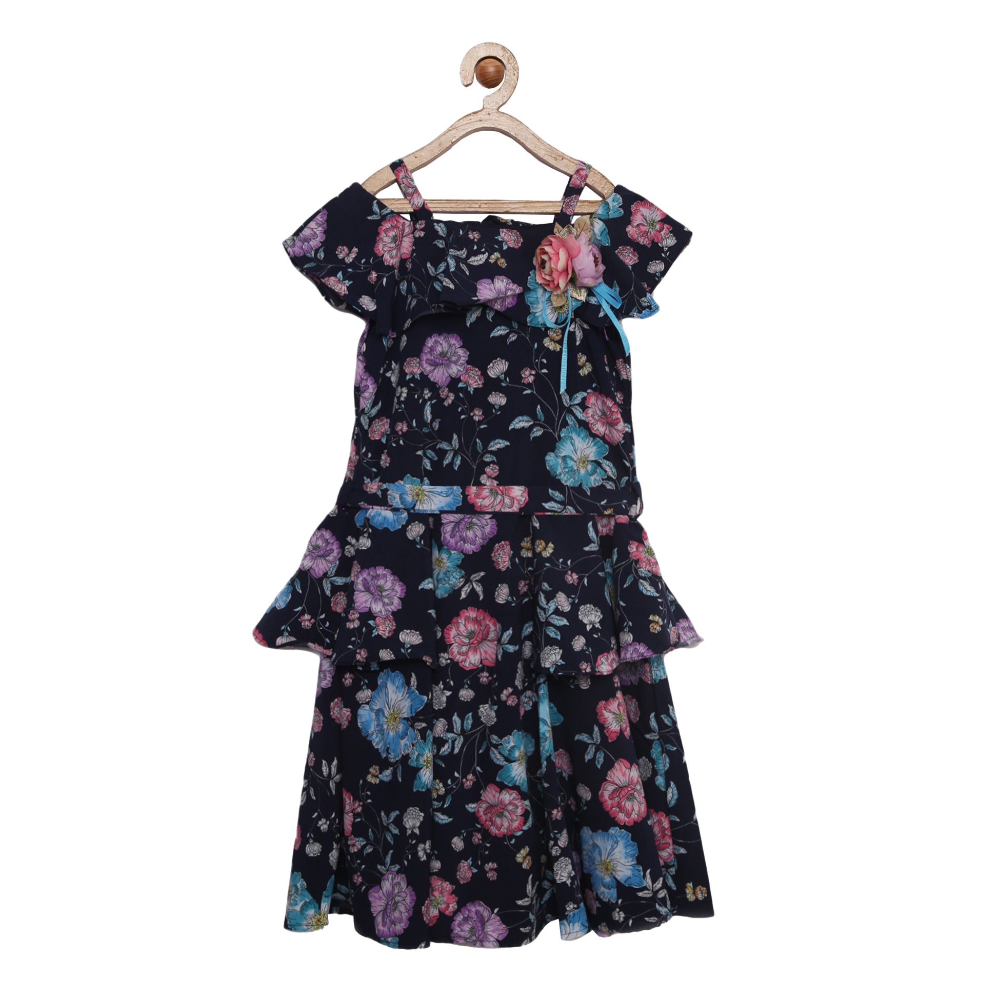 Floral Sleeveless Ruffle Midi With Rose Detailing And Belt