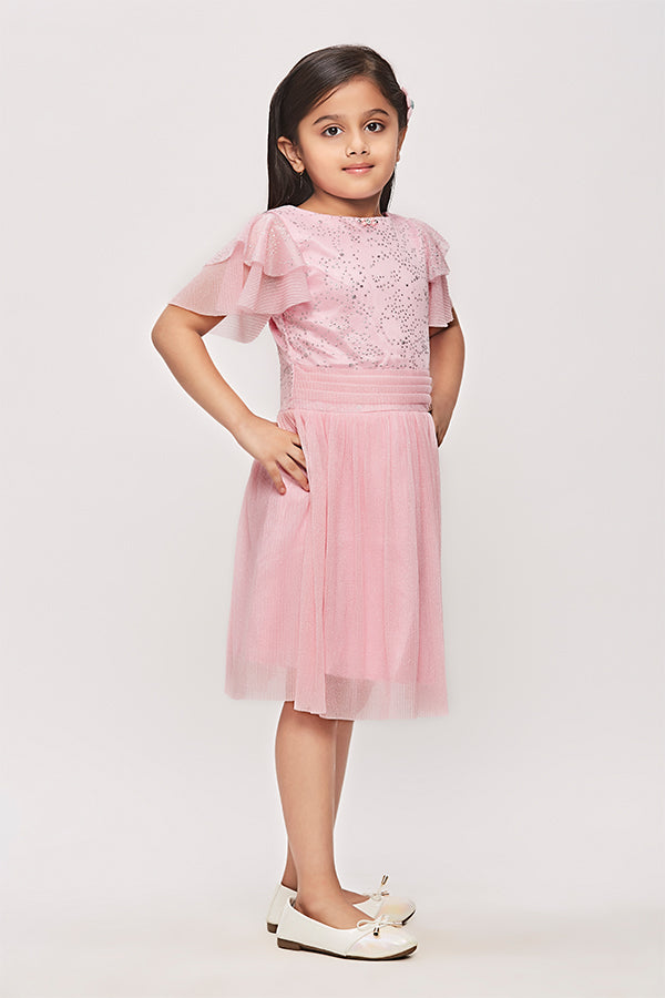 Tiny Girl  Half Sleeves Glitter Star Print Midi Dress - Pink