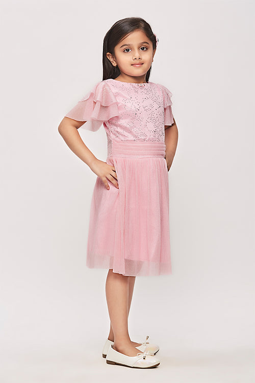 Pink Half Sleeves Glitter Star Print Midi Dress M2014