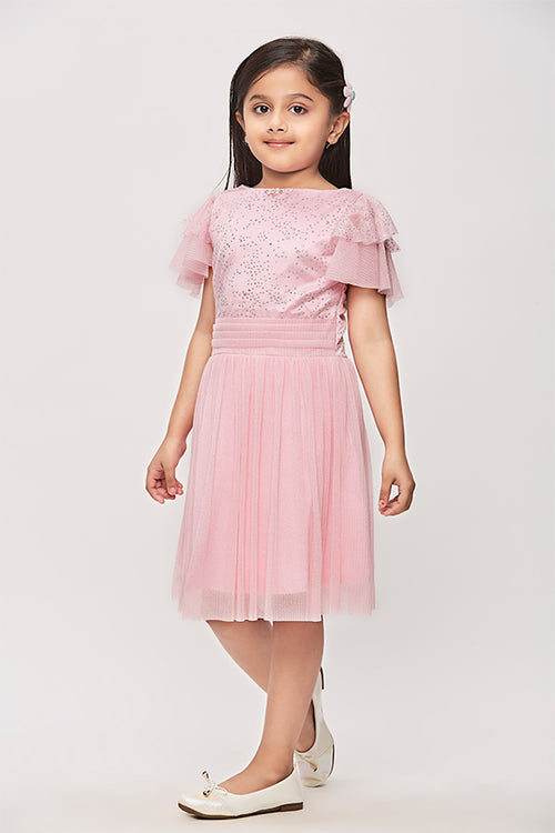 Pink Half Sleeves Glitter Star Print Midi Dress M2014