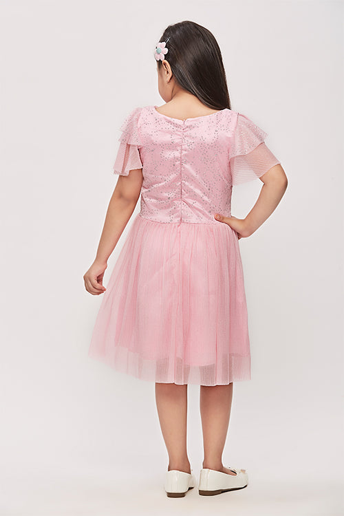 Pink Half Sleeves Glitter Star Print Midi Dress M2014