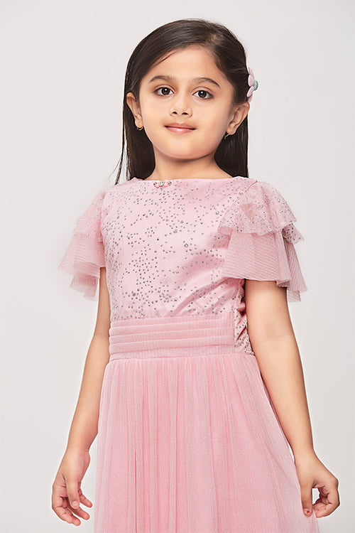 Pink Half Sleeves Glitter Star Print Midi Dress M2014