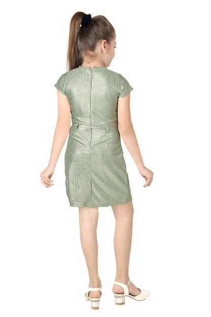 Tiny Girl Textured Metallic With Floral Brooch And Belt Midi Dress - Green
