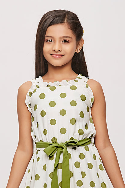 Tiny Girl Sleeveless Polka Dot Midi Dress - Green
