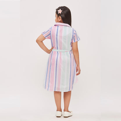 Chienese Collor Shirt Styled Stripe Printed Cotton Midi With Curve Hem On Bottom Fabric Button Details On Bodice & Sleeves