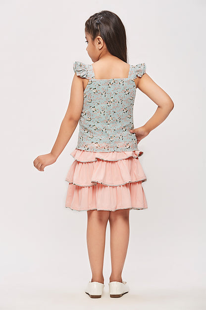 Tiny Girl All Over Floral Print Top With Frill Skirt  - Green & Peach