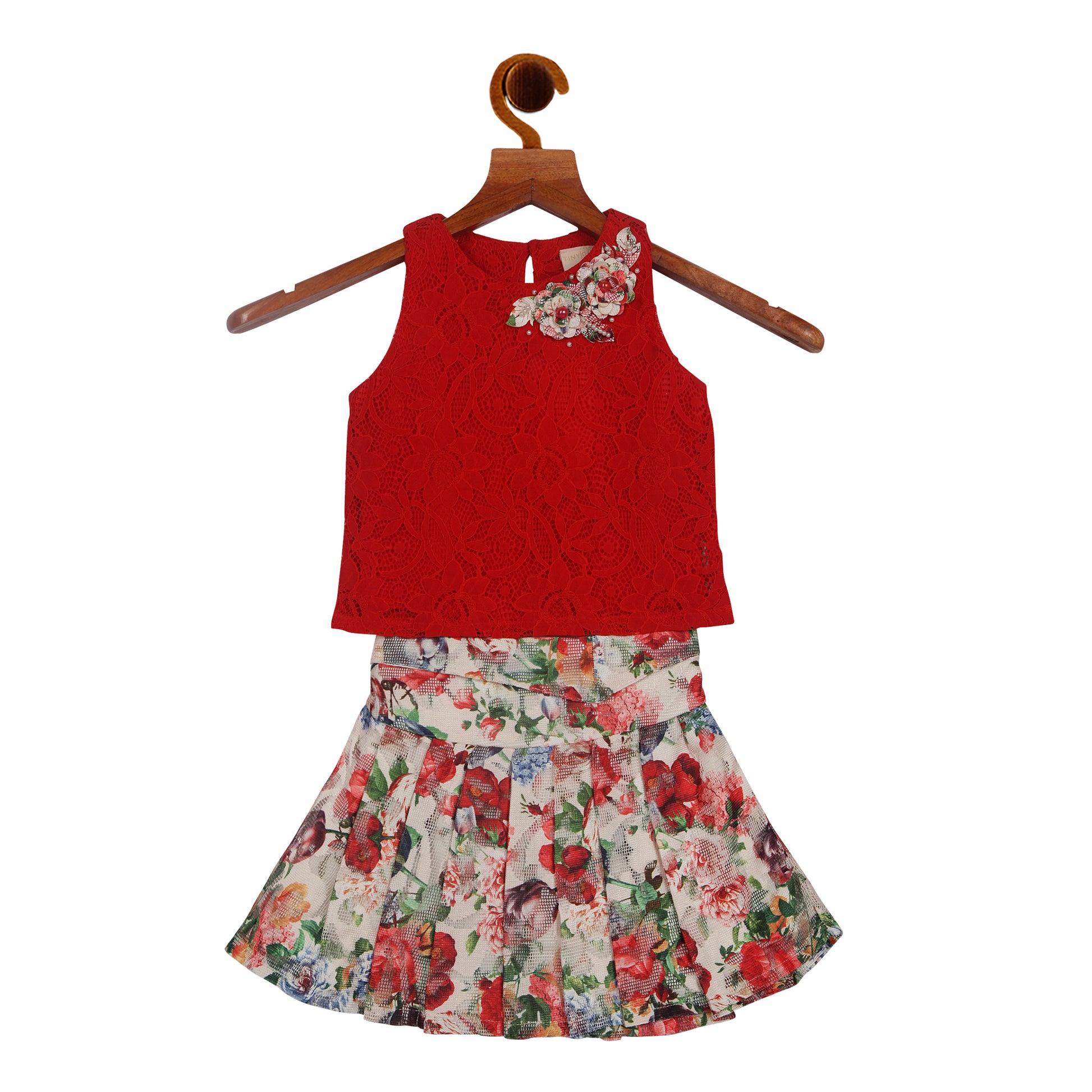 Floral Sleeveless Skirt Set With Lace Flower Detailing
