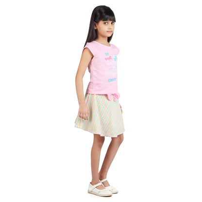 Striped Skater Pink Skirt Set With Cap Sleeves And Bow Detailing On The Waistband