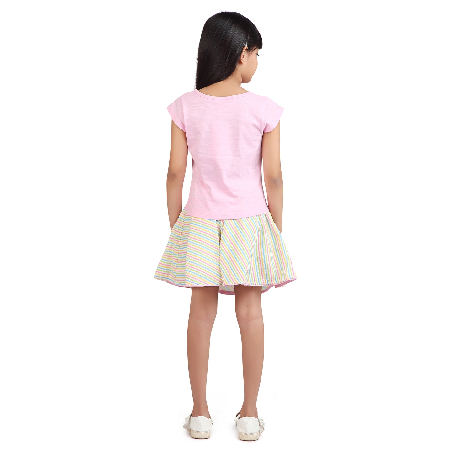 Striped Skater Pink Skirt Set With Cap Sleeves And Bow Detailing On The Waistband