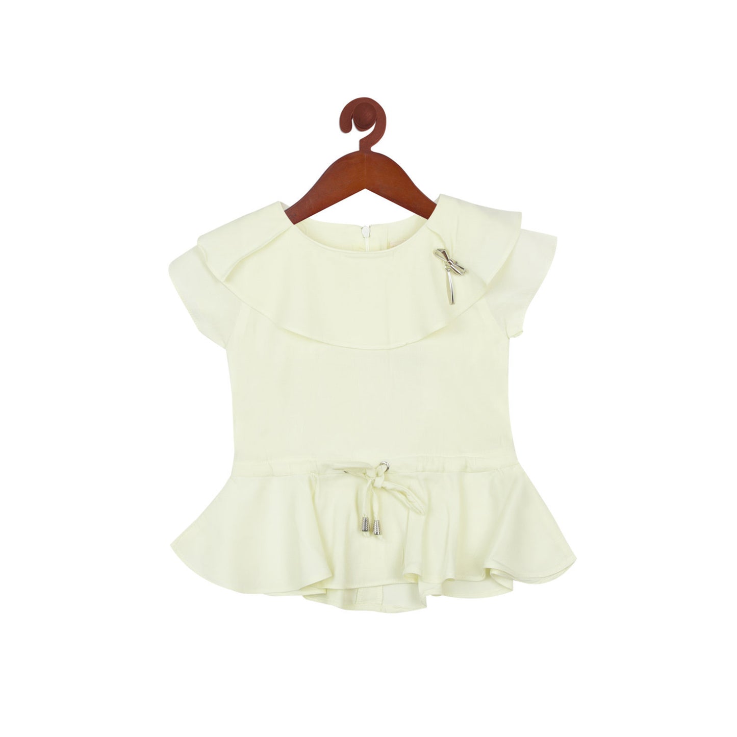 Peplum Lemon Top With Ruffle Neck And Tiny Bow Detailing