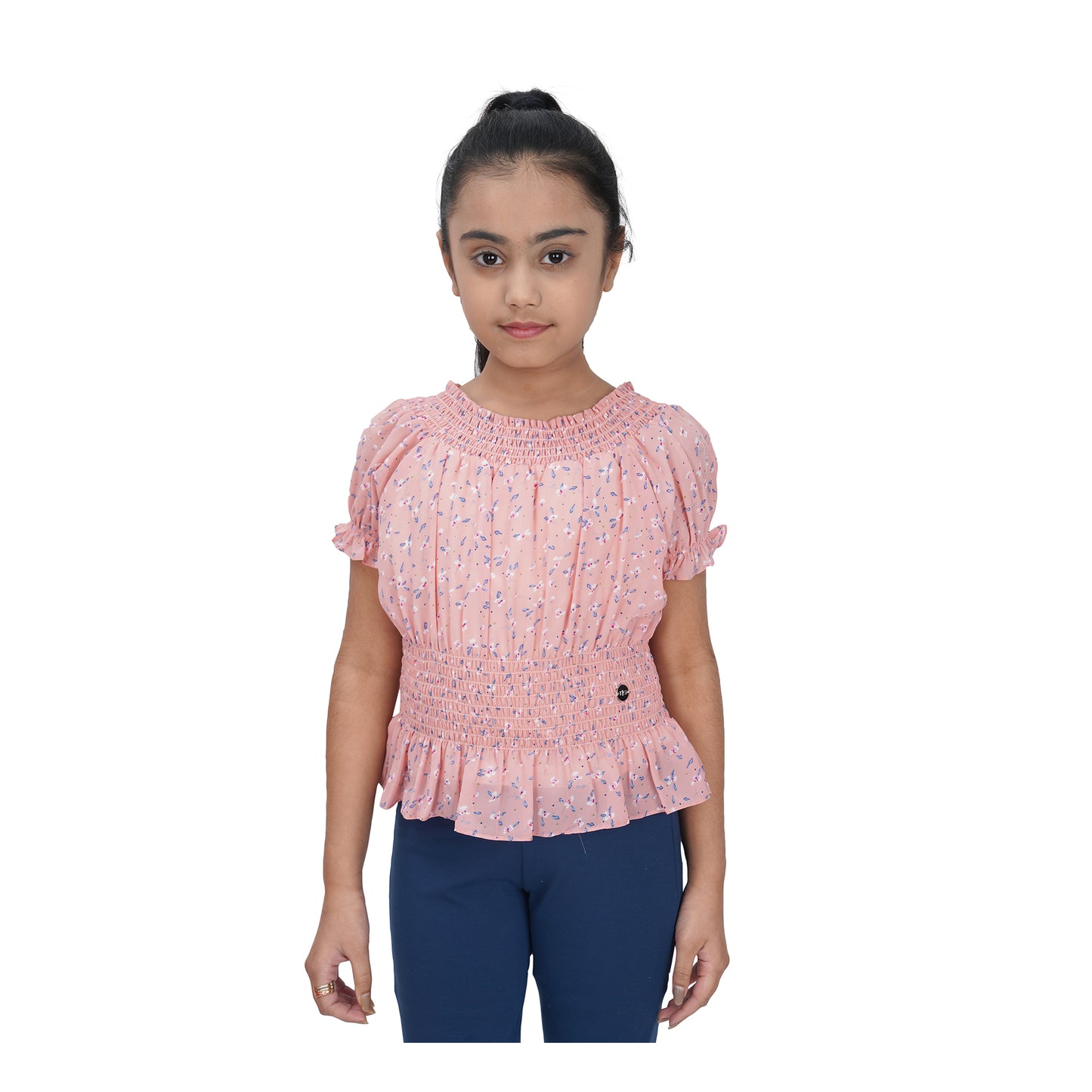 Smocked Floral Top With Puff Sleeves In Peach